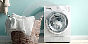 The modern washing machine with a wicker basket of freshly laundered towels. AI generated image
