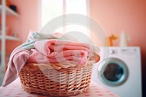 A modern washing machine beside a wicker laundry basket in a laundry room
