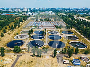 Modern wastewater treatment plant, aerial view from drone