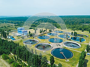 Modern wastewater treatment plant, aerial view from drone