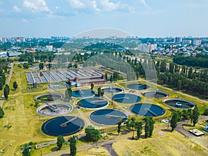 Modern wastewater treatment plant, aerial view from drone