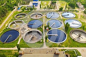 Modern Wastewater Treatment Plant, aerial view.Round Pools for Filtration of dirty or Sewage Water
