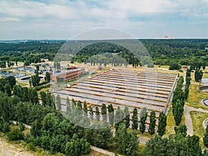 Modern wastewater treatment plant. Tanks for aeration and biological purification of sewage, aerial view