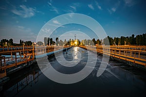 Modern wastewater treatment plant. Tanks for aeration and biological purification of sewage at night