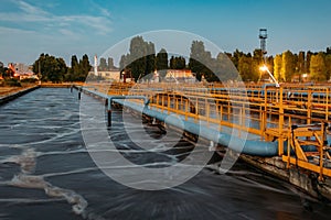 Modern wastewater treatment plant. Tanks for aeration and biological purification of sewage at night