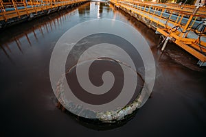 Modern wastewater treatment plant. Tanks for aeration and biological purification of sewage at night