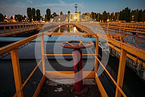 Modern wastewater treatment plant. Tanks for aeration and biological purification of sewage at night