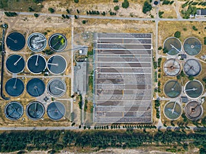 Modern wastewater treatment plant, top view from drone