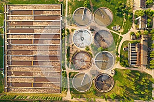 Modern wastewater treatment plant. Water purification tanks, aerial top view