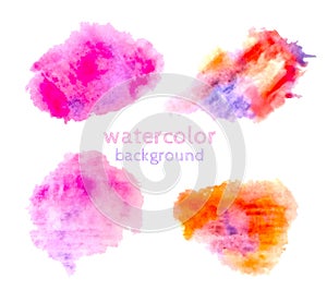 Modern watercolor collection on light backdrop. Grunge abstract art background. Violet, purple, orange, blue, lilac colors.