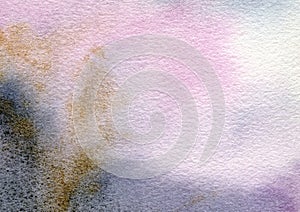 Modern watercolor hand drawn abstract background in purple, pink, grey and gold color with granulation on highly-textured paper. photo