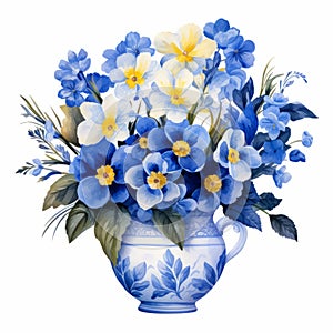 Modern Watercolor Primrose Arrangement Clipart With French Blue Hues