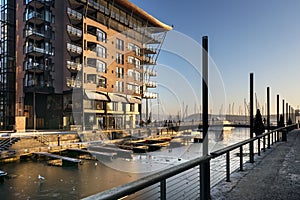 Modern waterfront apartments at dusk in Aker Brygge district,