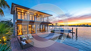 Modern Waterfront Home with Sunset and Boat Docked
