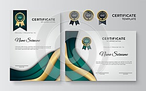 Modern wavy green and gold certificate template. Certificate of achievement templates with elements of luxury gold badges. Vector