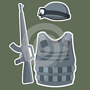 Modern weapons and armor of a soldier. Military helmet, bulletproof vest, rifle for shooting.