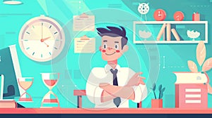 Modern web banner depicting a businessman in an office holding an alarm clock and hourglasses. Work productivity