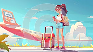 Modern web banner with an e-ticket cartoon landing page, an airline stewardess checking her ticket with her smartphone
