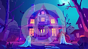 Modern web banner with ghost house and frightened boy. Halloween virtual tour, book, game spooky scene with scary person photo