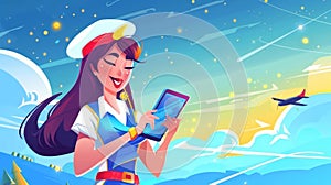 A modern web banner showing an e-ticket landing page, a stewardess checking an airplane ticket on a smartphone, a