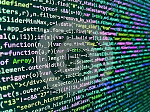 Modern web development background. Computer language script code screen. Programming Javascript on laptop computer screen.