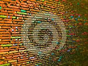 Modern web development background. Monitor closeup of function source code. Programming Coding with editor colorful themes. Modern