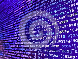 Modern web development background. Simple website HTML code with colourful tags in browser view on dark background. Script on