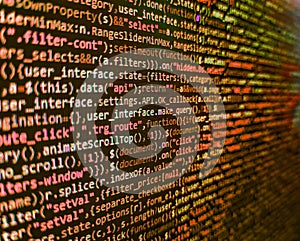 Modern web network and internet telecommunication technology. Program code PHP HTML CSS of site. Data encryption security code on