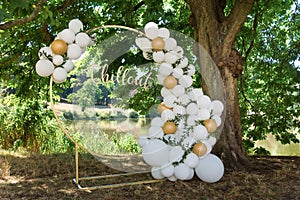 Modern wedding arch, inflatable balloons. inscription in gold chillout