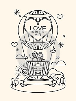 Modern wedding groom and bride pictogram in hot air balloon