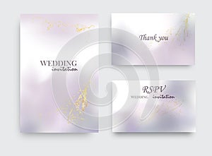 Modern wedding invitation alcohol ink design. Vector set on watercolor ink splash ink violet grey colors. Purple acrylic marble