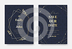 Modern wedding invitation. Elegant invite card, vintage damask floral sprigs ornament pattern and premium label frame