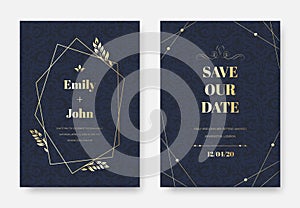 Modern wedding invitation. Elegant invite card, vintage damask floral sprigs ornament pattern and premium label frame vector set