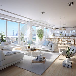 Modern weiss apartment interior panorama 3d render