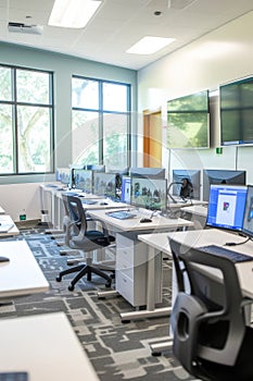 Modern, well-lit computer lab with multiple workstations. photo