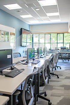 Modern, well-lit computer lab with multiple workstations. photo