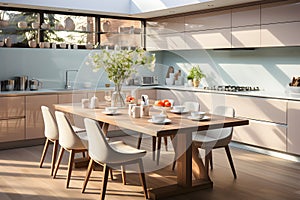 a modern, well-lit kitchen with a dining table set for breakfast, showcasing a harmonious blend of natural and artificial lighting