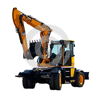 Modern wheeled excavator. Isolated image