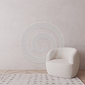 Modern white armchair on bright beige wall background, minimal interior space