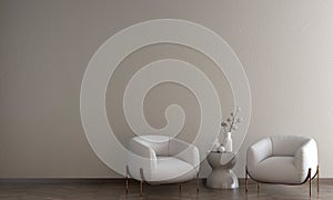 Modern white armchair, empty brown concrete wall, parquet floor living room for luxury interior design background photo