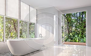Modern white bath room with open door to nature 3d render