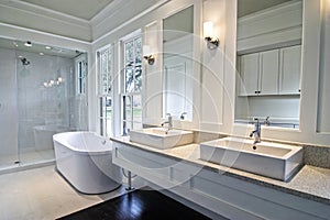 Moderno, spazioso bagno bianco con pavimenti in legno scuro.