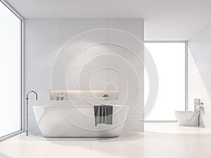 Modern white bathroom 3d render.Sunlight shines into the room.