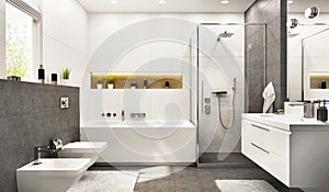 Modern white bathroom with bath and window