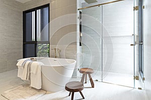 Modern White Bathroom Design with Freestanding Bathtub.