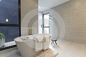 Modern White Bathroom Design with Freestanding Bathtub.