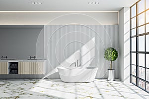 Modern white bathroom interior with mirror and bathtub