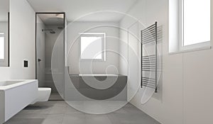 Modern White Bathroom Interior with Shower, Toilet, and Contemporary Design