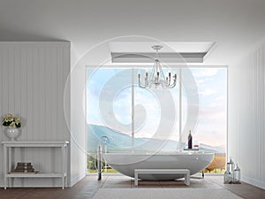 Modern white bathroom with mountain view 3d rendering image photo