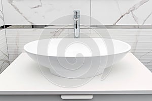 Modern white bathroom sink basin. Interior of bathroom with sink basin faucet. Modern design of bathroom